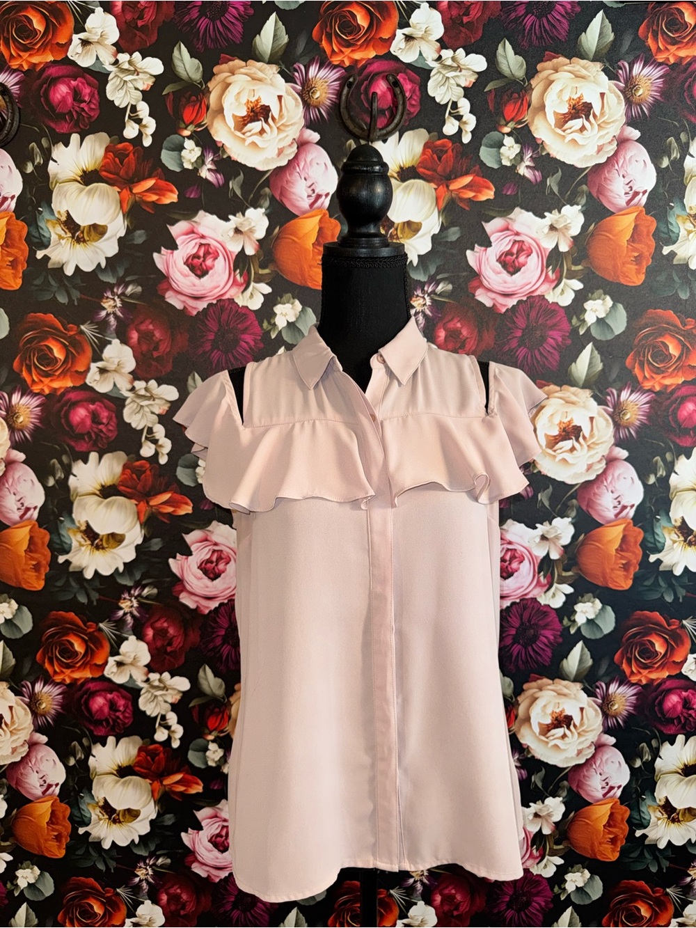 Express Blush Pink Ruffle Shoulder Button Up Blouse, Small